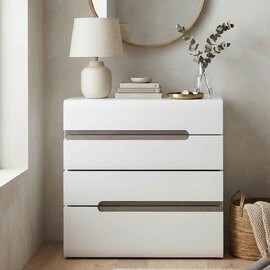 Cheya High Gloss Chest Of 4 Drawers in White And Truffle Oak